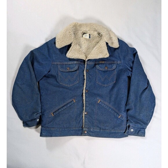 Vintage Wrangler Jacket Mens Medium Sherpa Lined Denim Trucker Western USA 80s - Picture 1 of 13